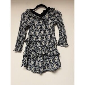 Zara Girls Paisley Ruffle Tiered Dress Size 8 Long Sleeve Black‎ Gold